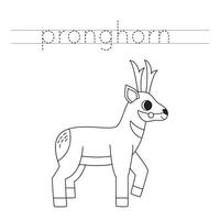 Trace the letters and color cartoon pronghorn. Handwriting practice for kids. vector