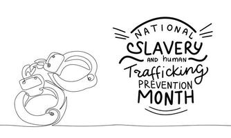 National Slavery and Human Trafficking prevention Month lettering. Handwriting text and line art handcuffs. Hand drawn vector art.