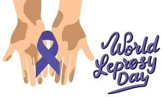 Banner World Leprosy Day. Handwriting text and two hands with purple ribbon. Hand drawn vector art.