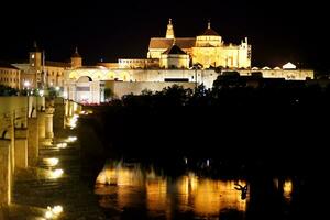 the roman bridge and the mezquina on a magina night in cordoba photo