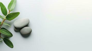 AI generated Pebble Rocks and Sage Twig Isolated on Minimalist Background, Copy Space, Presentation Background photo