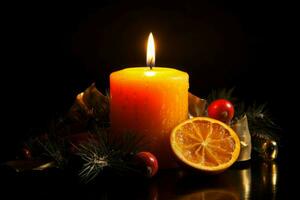 AI generated Warm burning candle with winter holiday decoration. Generate ai photo