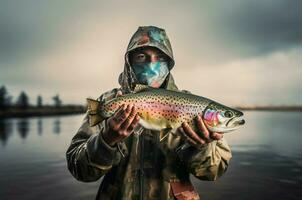 AI generated Fisherman on riverside holding caught fish. Generate ai photo