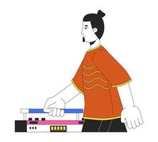 caucásico barbado hombre caminando con boombox 2d lineal dibujos animados personaje. Años 80 retro chico que lleva auge caja aislado línea vector persona blanco antecedentes. nostalgia recuerdos color plano Mancha ilustración