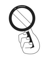 Magnifier holding cartoon hand outline illustration. Loupe glass magnifying 2D isolated black and white vector image. looking through. Using optical instrument flat monochromatic drawing clip art