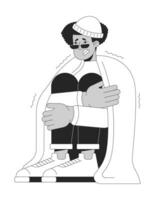 Hispanic guy chills under blanket black and white 2D line cartoon character. Latin american man trembling without heater isolated vector outline person. Chills monochromatic flat spot illustration