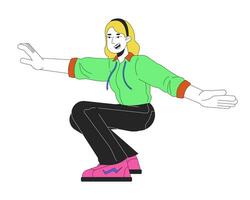 Blonde caucasian female hip hop performer 2D linear cartoon character. Squatting girl european dancing isolated line vector person white background. Nostalgia memories color flat spot illustration