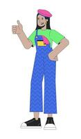 Middle eastern funky girl thumb up 2D linear cartoon character. Young adult woman wearing 80s retro clothes isolated line vector person white background. Nostalgia color flat spot illustration