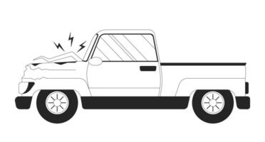 Accident automobile side view black and white 2D line cartoon object. Broken vehicle isolated vector outline item. Hit car. Traffic violation. Dangerous driving monochromatic flat spot illustration