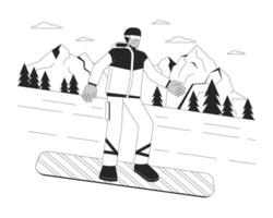 Snowboarding downhill winter sports black and white cartoon flat illustration. Extreme snowboarder going down hill 2D lineart character isolated. Wintersport monochrome scene vector outline image