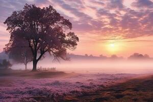 AI generated Beautiful thick fog at sunrise .Autumn morning landscape over a field photo