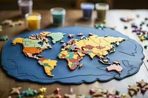 AI generated Silhouette of a world map made of plasticine. Children's craft. Teaching children photo