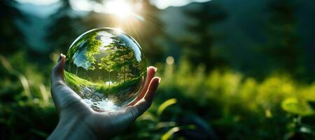 ai generado cristal pelota en un mujer mano en contra un antecedentes de verde naturaleza. luz de sol. salvar el ambiente. tierra día concepto. foto