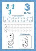 Kids activity pages with many exercises. Learn number three. Coloring, tracing sea horse vector