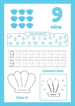 niños actividad página con muchos ejercicios. aprender número nueve. colorante, rastreo cáscara vector