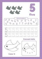 Kids preschool page with many exercises. Learn number five. Coloring, tracing stingray vector