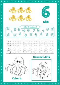 niños actividad página con muchos ejercicios. aprender número seis. colorante, rastreo pulpo vector