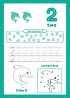 Kids activity pages. Learn numbers. Preschool worksheets. Number one. Coloring, tracing dolphin vector