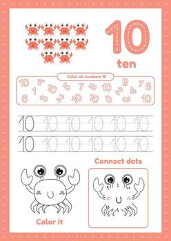 niños actividad página con muchos ejercicios. aprender número diez. colorante, rastreo cangrejo vector