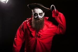 Scary pirate with a hook and long beard over black background. Halloween outfit. photo