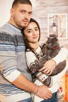 Portrait of happy couple and their cat on christmas day. photo
