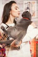 Cheerful young woman trying to kiss her cat on christmas day. photo