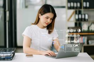 Businesswoman hand Project manager working and update tasks and Gantt chart scheduling virtual diagram. photo