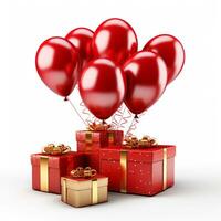 AI generated red balloons with gift box Happy birthday poster element, generative ai photo