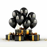 AI generated Black balloons with gift box Happy birthday poster element, generative ai photo