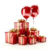 AI generated red balloons with gift box Happy birthday poster element, generative ai photo