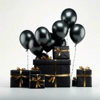 AI generated Black balloons with gift box Happy birthday poster element, generative ai photo