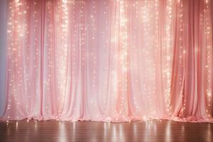 ai generado Navidad luces instrumentos de cuerda cortina decorativo fondo con pastel rosado cortina foto