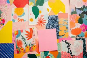 AI generated photo of paper sheets flat lay with geometric and floral risograph prints, colorful, modern background