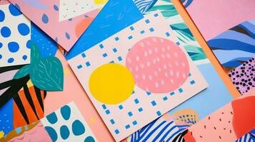 AI generated photo of paper sheets flat lay with geometric and floral risograph prints, colorful, modern background