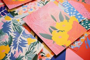 AI generated photo of paper sheets flat lay with geometric and floral risograph prints, colorful, modern background