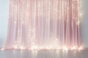 AI generated Christmas lights strings curtain decorative backdrop with pastel pink curtain photo