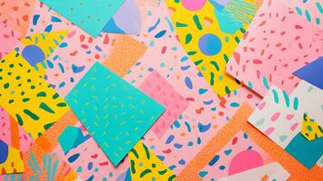 AI generated photo of paper sheets flat lay with geometric and floral risograph prints, colorful, modern background