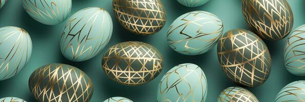AI generated hand painted decorated Easter eggs pattern flat lay white and gold colors, modern photo