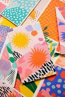 AI generated photo of paper sheets flat lay with geometric and floral risograph prints, colorful, modern background