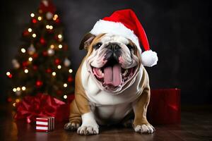 AI generated English bulldog dog wearing Santa's hat with christmas tree in the background, photo