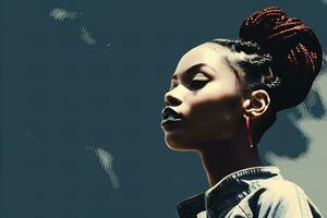 AI generated photo young black woman with braided hair and modern casual clothes, duotone modern portrait, coral, dark blue