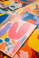 AI generated photo of paper sheets flat lay with geometric and floral risograph prints, colorful, modern background