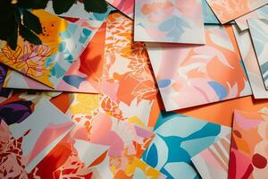 AI generated photo of paper sheets flat lay with geometric and floral risograph prints, colorful, modern background