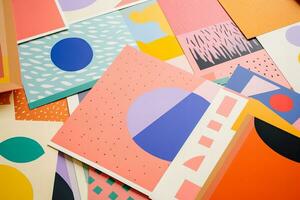 AI generated photo of paper sheets flat lay with geometric and floral risograph prints, colorful, modern background