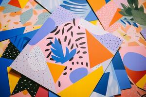 AI generated photo of paper sheets flat lay with geometric and floral risograph prints, colorful, modern background