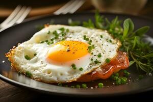 AI generated Breakfast set, fried egg, vegetable, herbs and bacon. On the table. photo