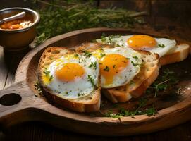 AI generated Fried Egg on bread for Breakfast. Fried egg with bread on plate over wooden table, top view, copy space. photo