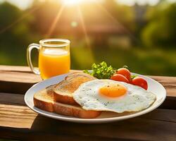 AI generated Fried Egg on bread and a glass of orange juice for Breakfast. Fried egg with bread on plate over wooden table, top view, copy space. photo