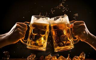 AI generated Two glasses of beer in cheers gesture, splashing out. Isolated on black background. photo