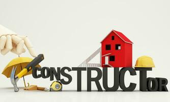 Background images for construction contractors or home renovations or real estate investments. with a red house model Surrounded by carpentry tools and tape measure. 3d rendering illustration photo